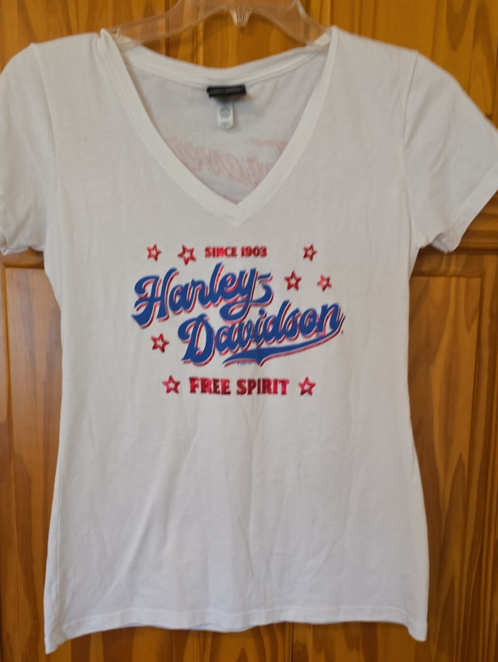 Harley-Davidson White V-Neck Tee with Blue & Red Script